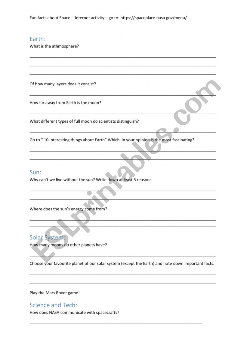 Space - Internet activity worksheet