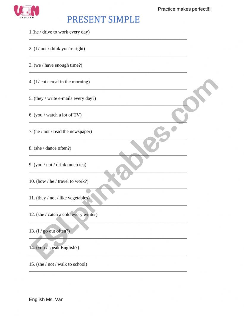 Present simple Mixed form worksheet