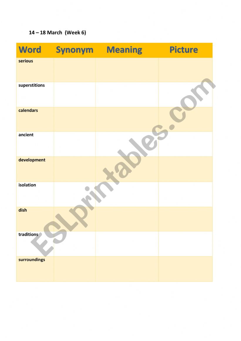 vacabulary list worksheet
