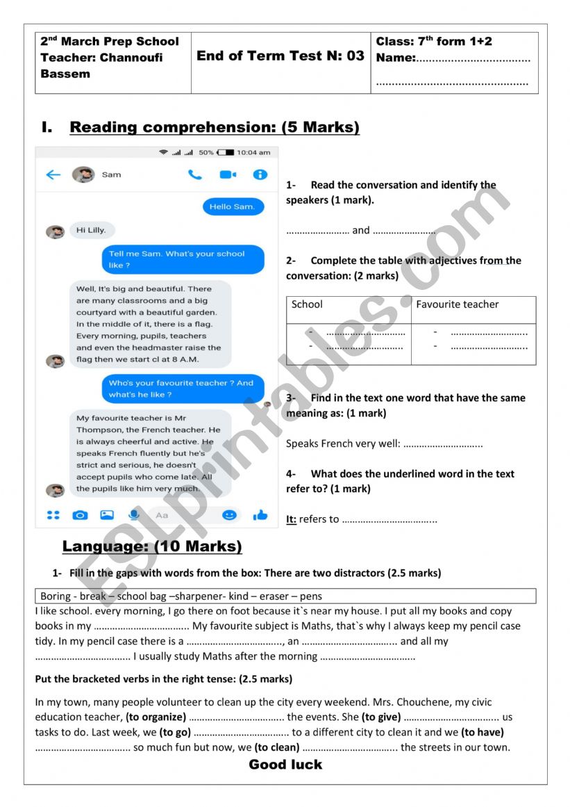 7th form Final test 3 worksheet