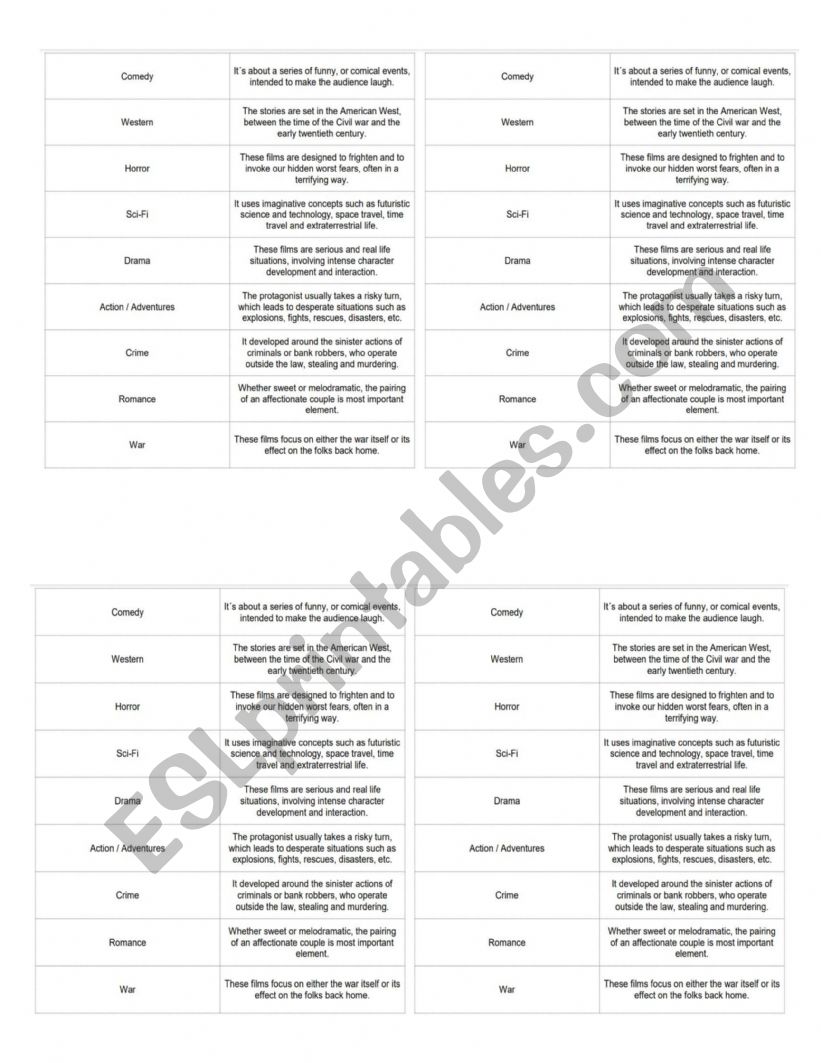 movie genres worksheet