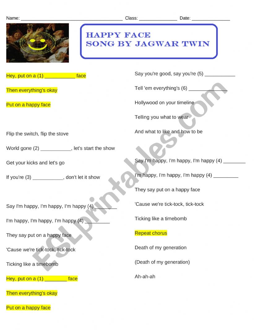 Song act - Happy face worksheet