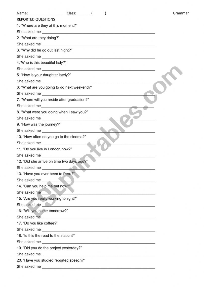 Reported Question worksheet