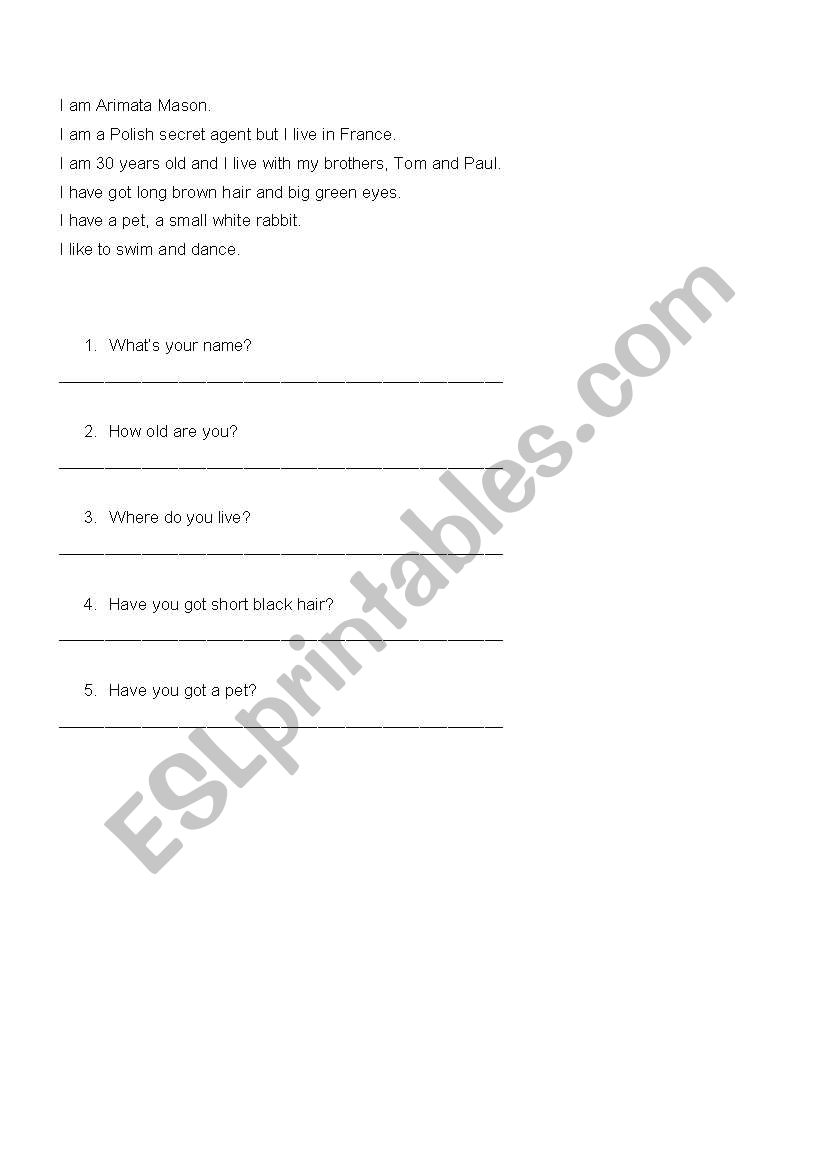 Personal Identification worksheet