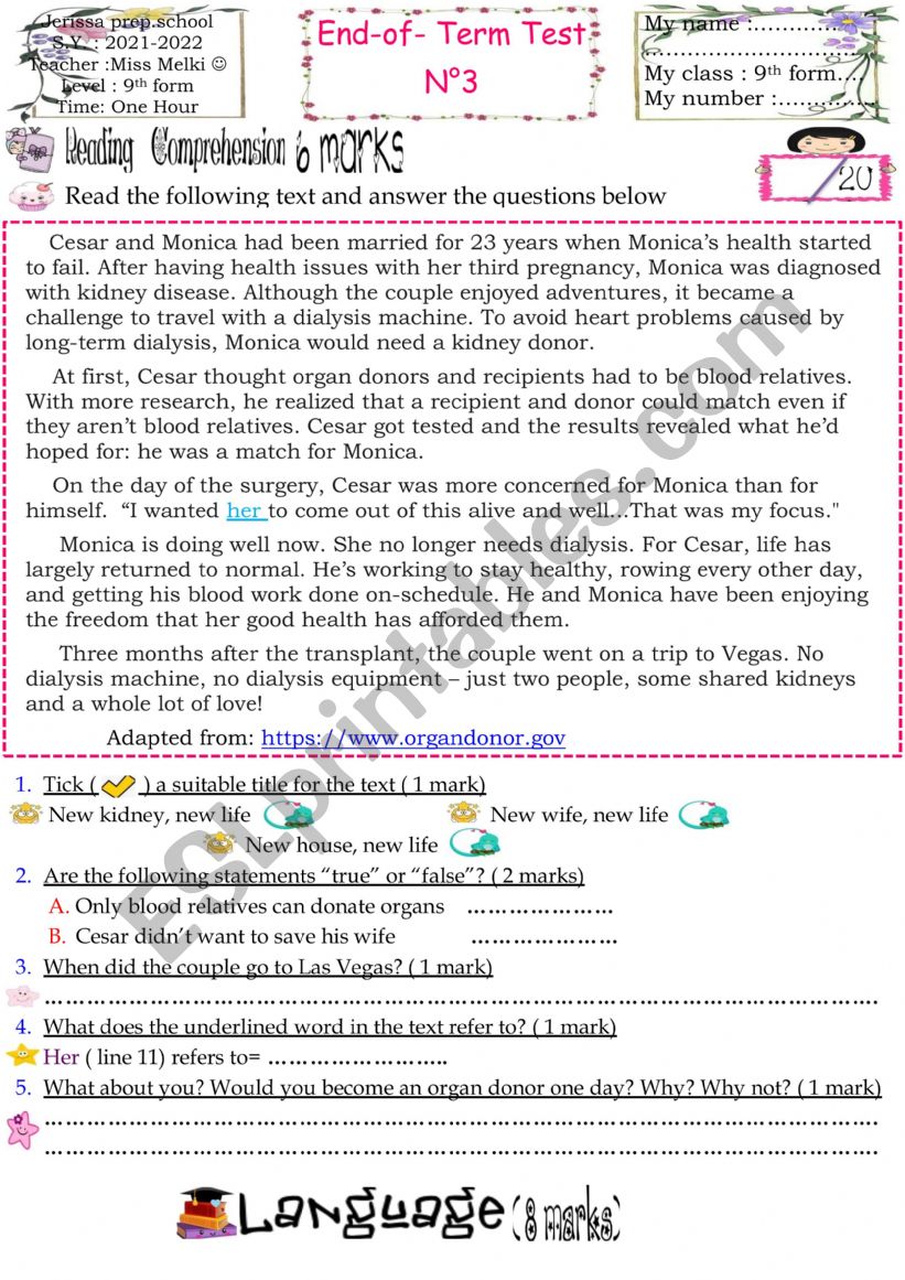 9th form end of term test worksheet