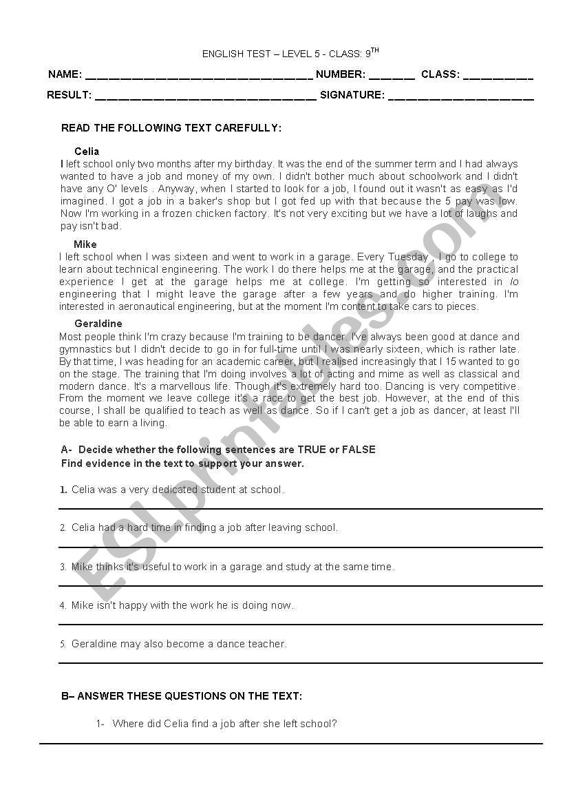 test worksheet