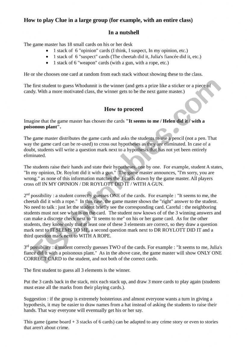 Instructions adapting the board game CLUE so you can play with your