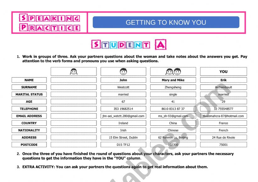 PERSONAL INFORMATION worksheet