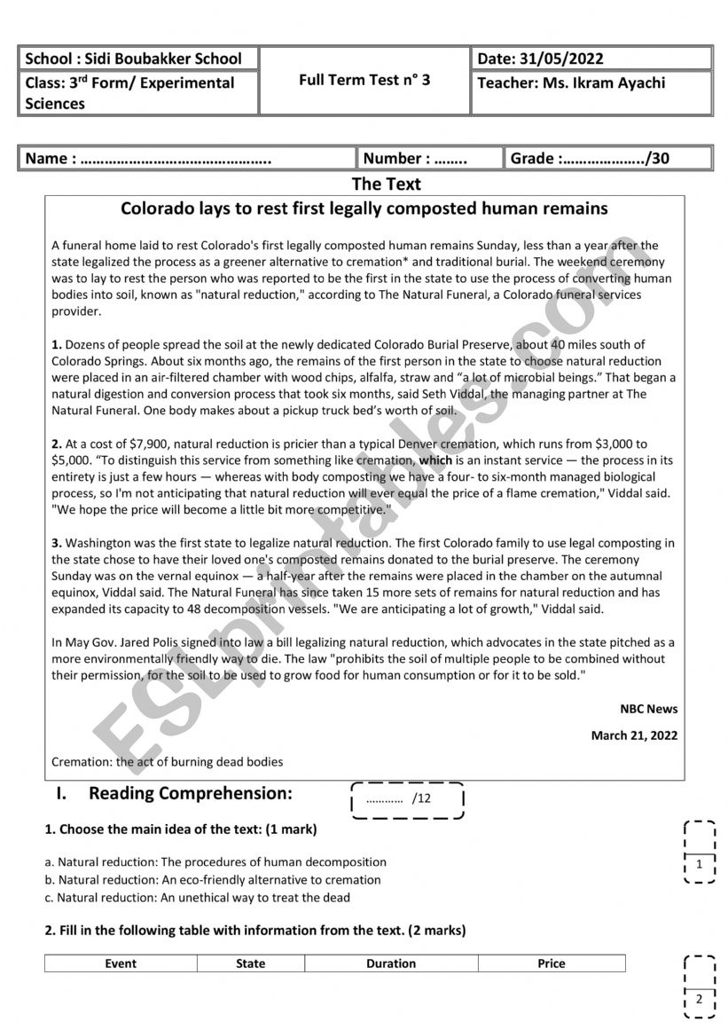 3rd Form - Experimental Sciences - Full Term Test n 3