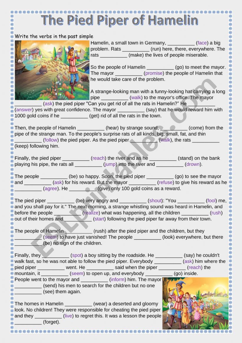 Past Simple THE PIED PIPER worksheet