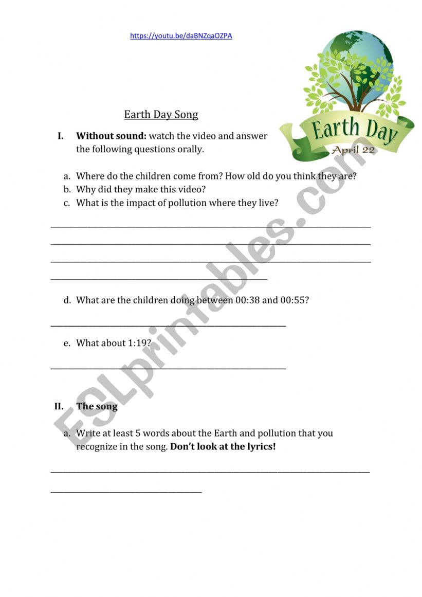 Song: Earthday worksheet