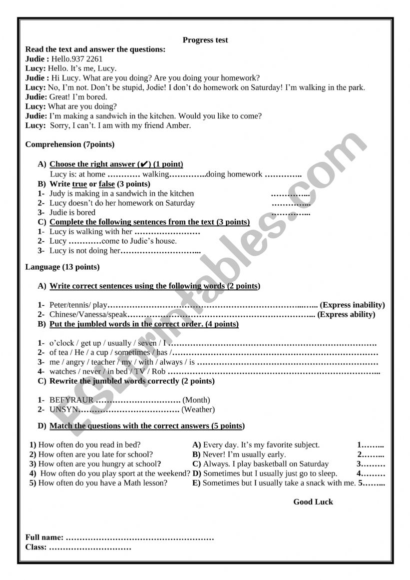 progress test worksheet