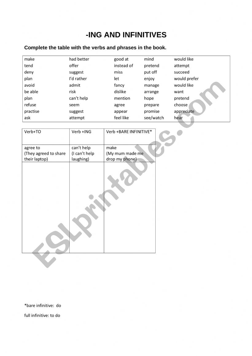 VERBI SEGUITI DA -ING, TO worksheet