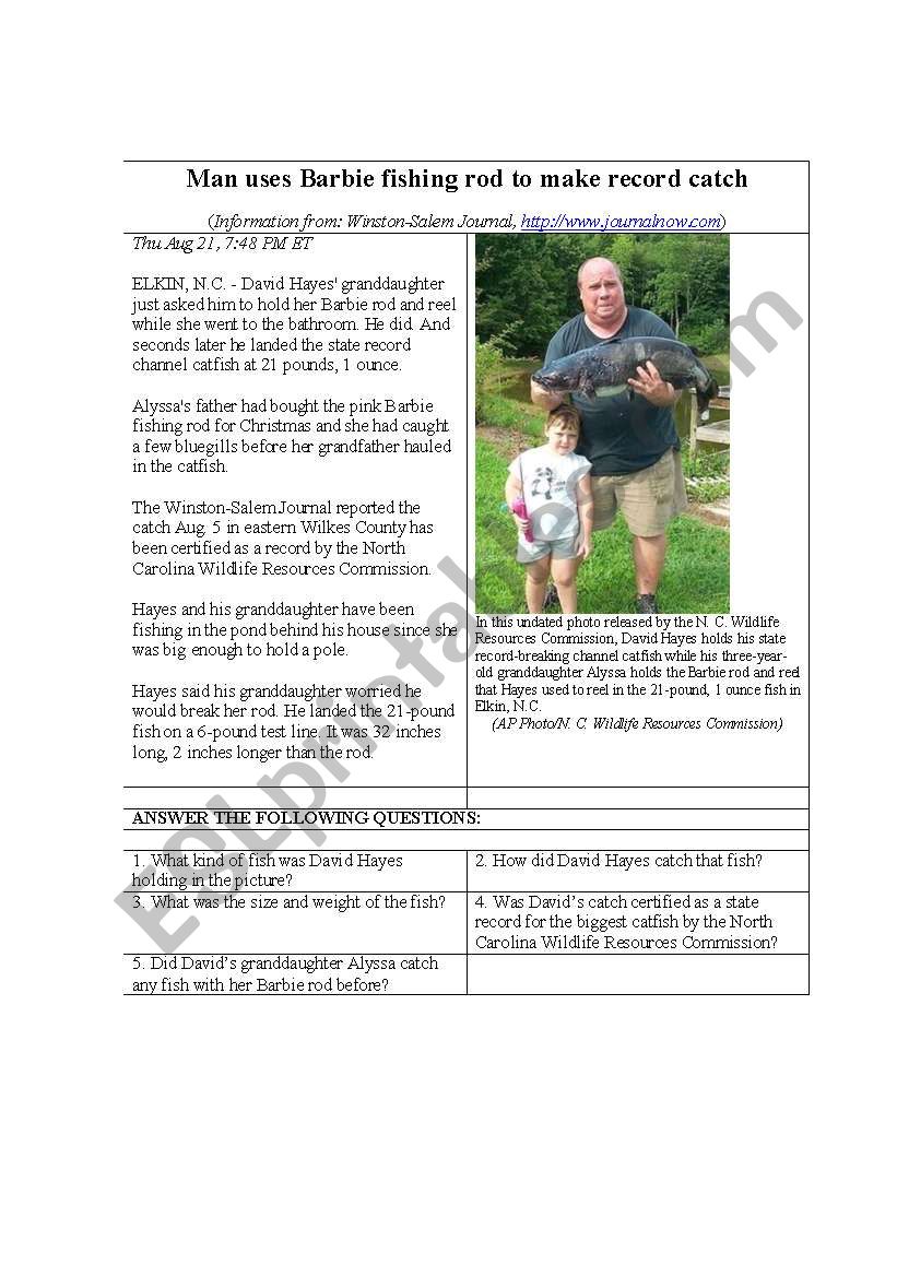 Man uses Barbie fishing rod to make record catch - ESL worksheet by tylam