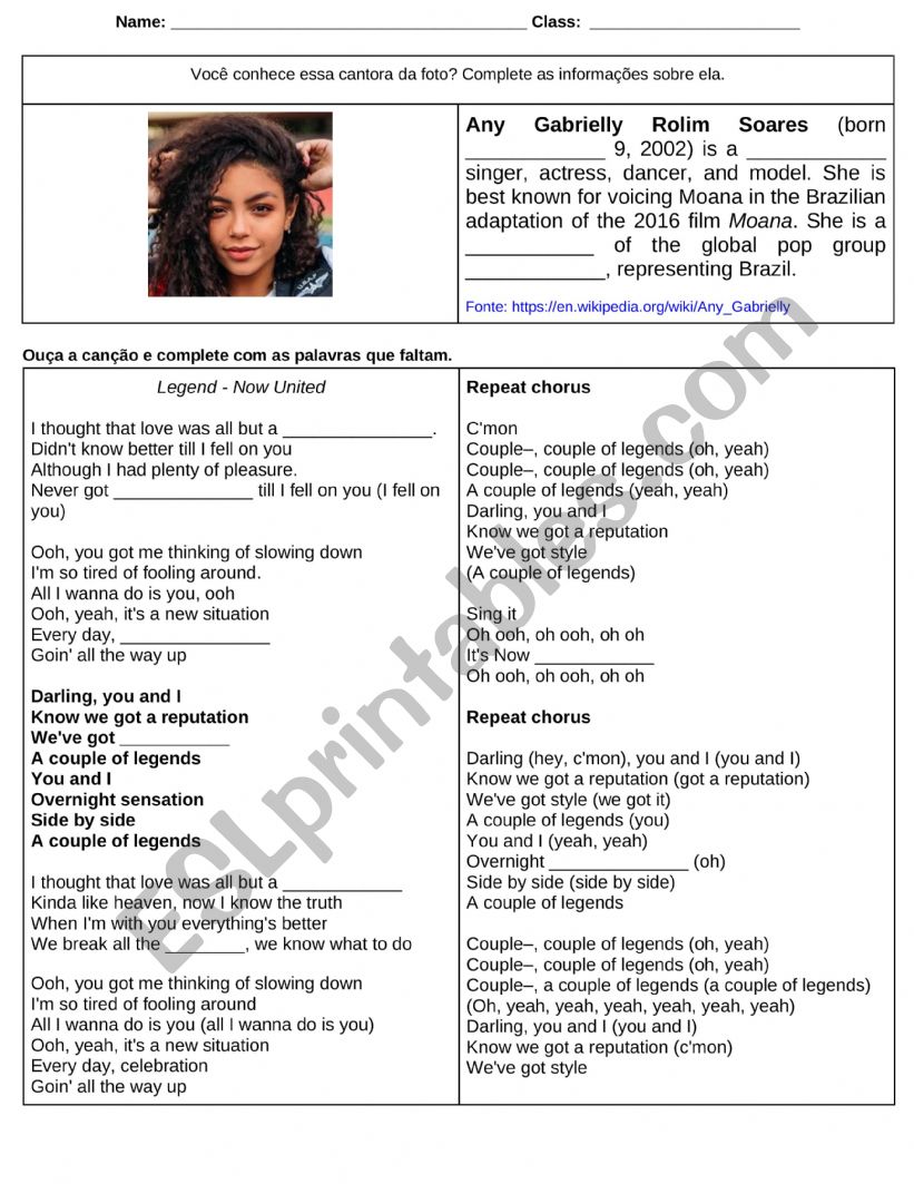 Song act - Legends Now United worksheet