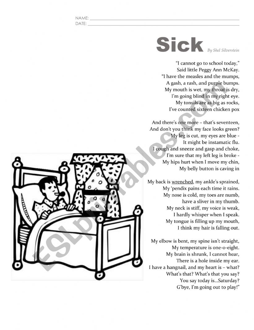 Sick -poem by Shel Silverstein- reading comorehension