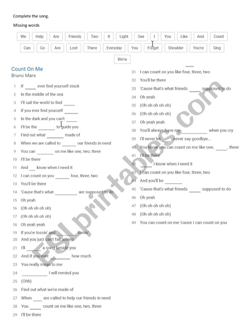 Coun on me Filling the blanks worksheet