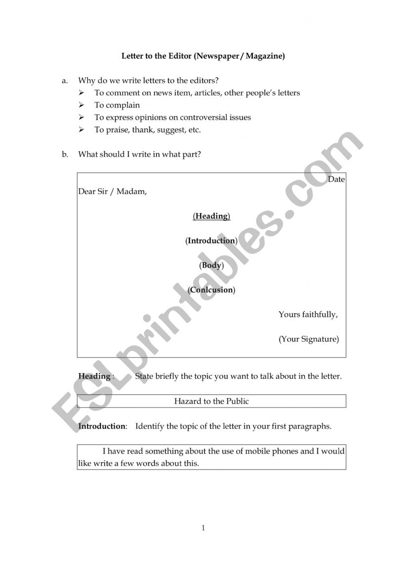 Letter to the Editor worksheet