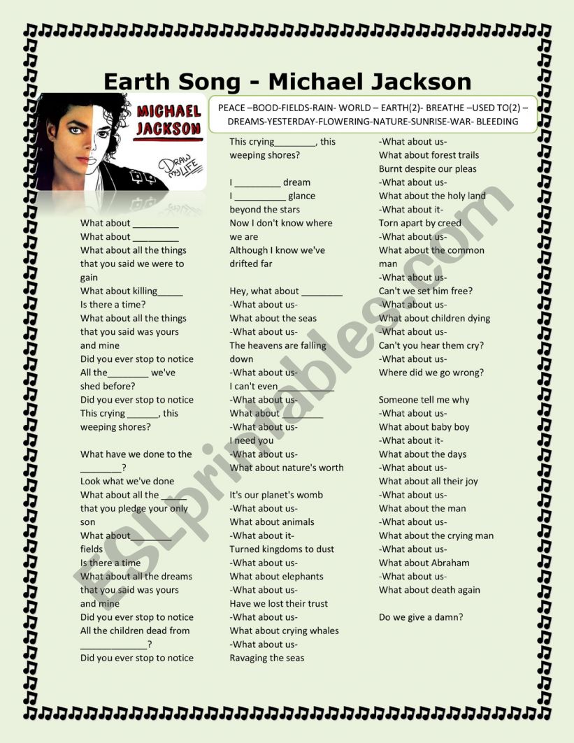 EARTH SONG-MICHAEL JACKSON worksheet