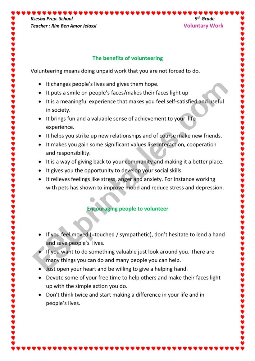 Voluntary work worksheet