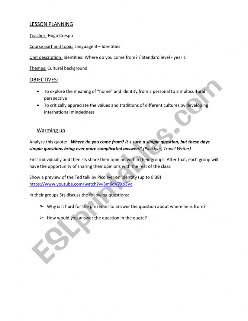 Identities - IB lesson plan worksheet