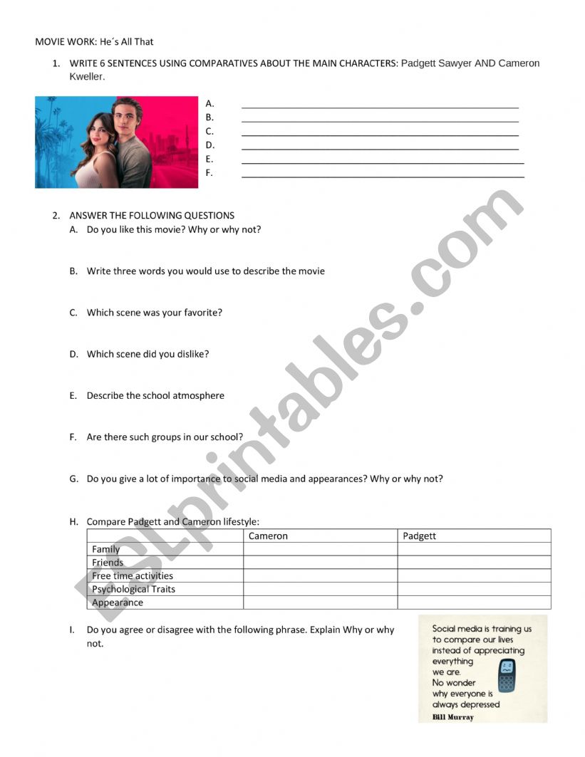He is All That Movie Worksheet