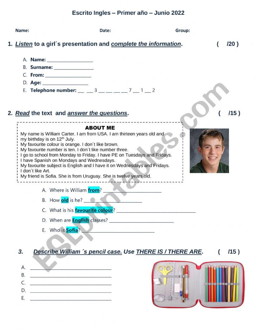 TEST FIRST GRADE worksheet