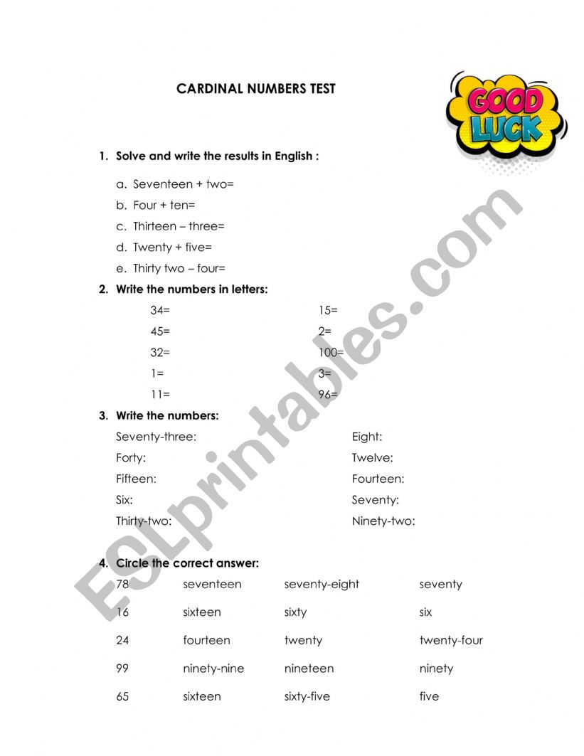 Cardinal Numbers Test worksheet