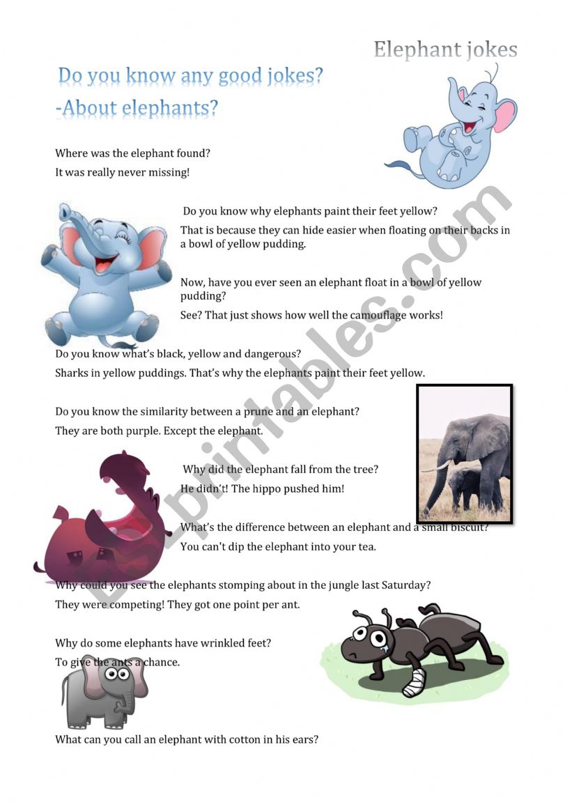 Elephant jokes worksheet