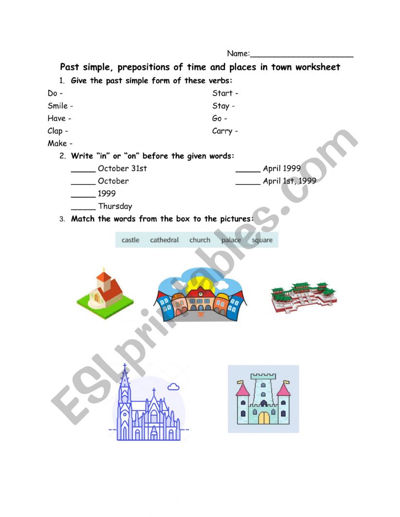 Past simple, prepositions of time and places in town worksheet