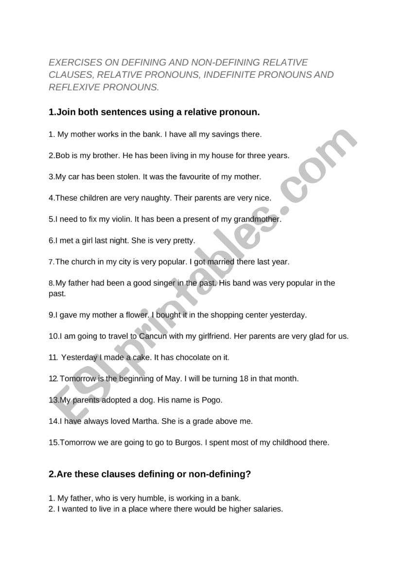 RELATIVE CLAUSES, RELATIVE PRONOUNS, INDEFINITE PRONOUNS AND REFLEXIVE PRONOUNS