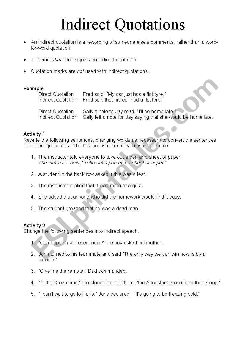 Indirect Quotations worksheet