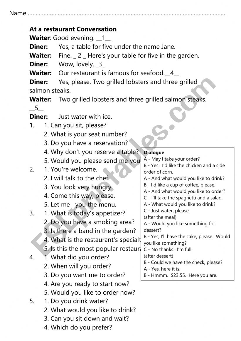 Restaurant Conversation worksheet