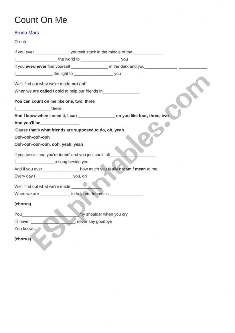 count on me - bruno mars worksheet