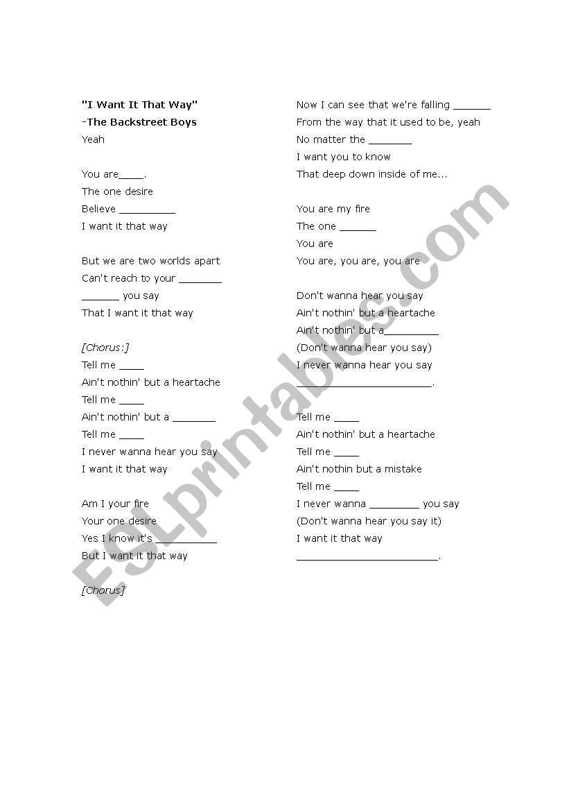 Backstreet Boys Cloze worksheet