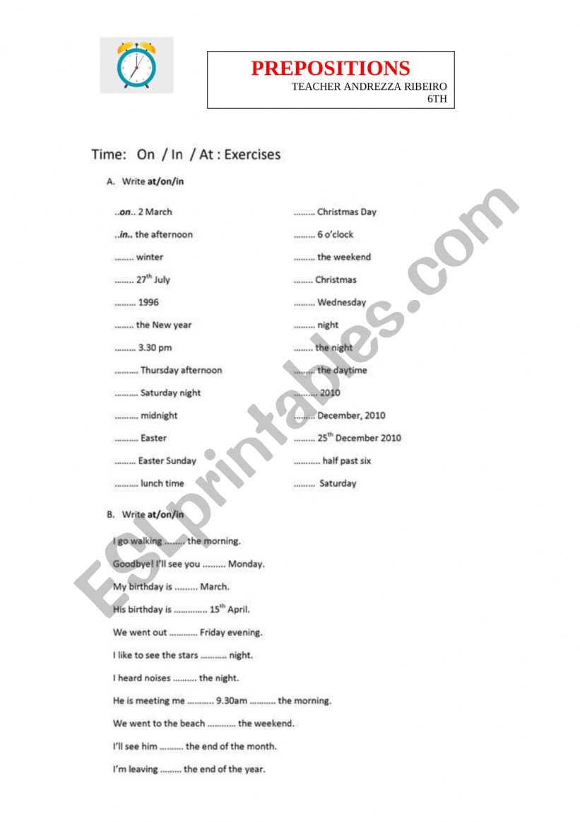 Prepositions of time worksheet