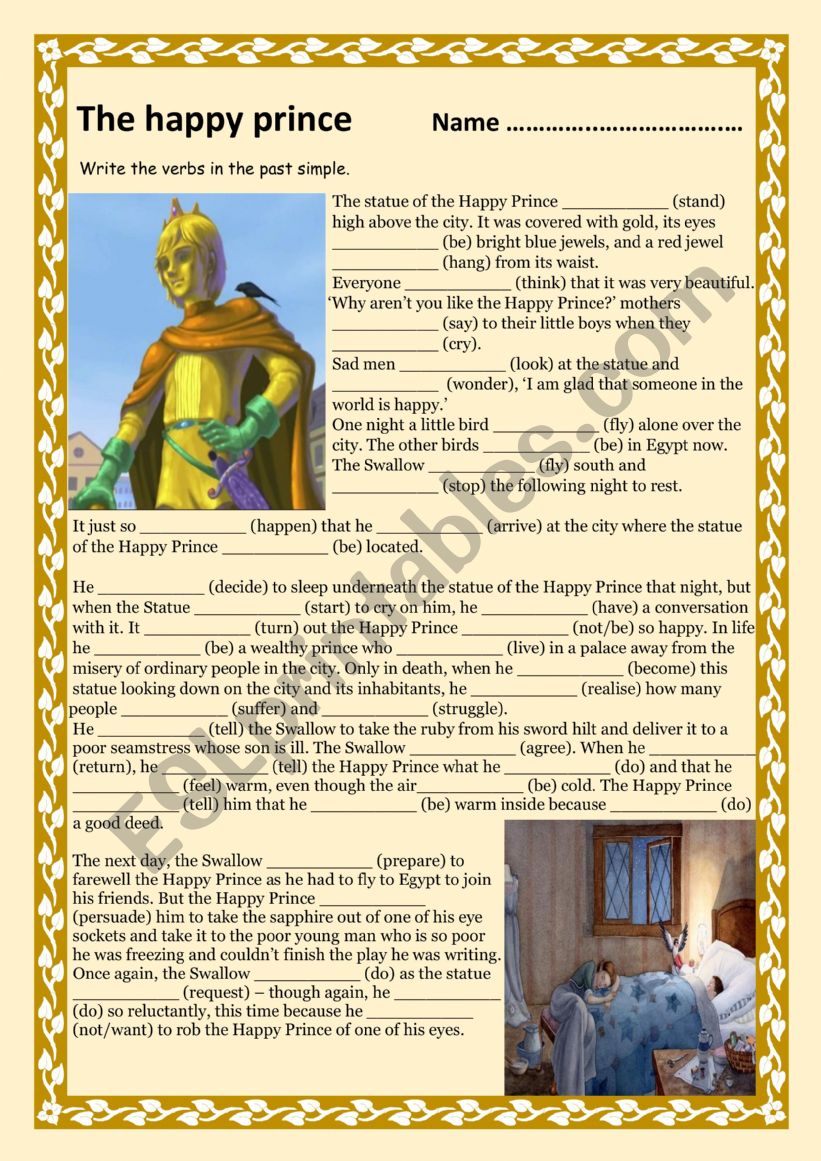 Past simple THE HAPPY PRINCE worksheet