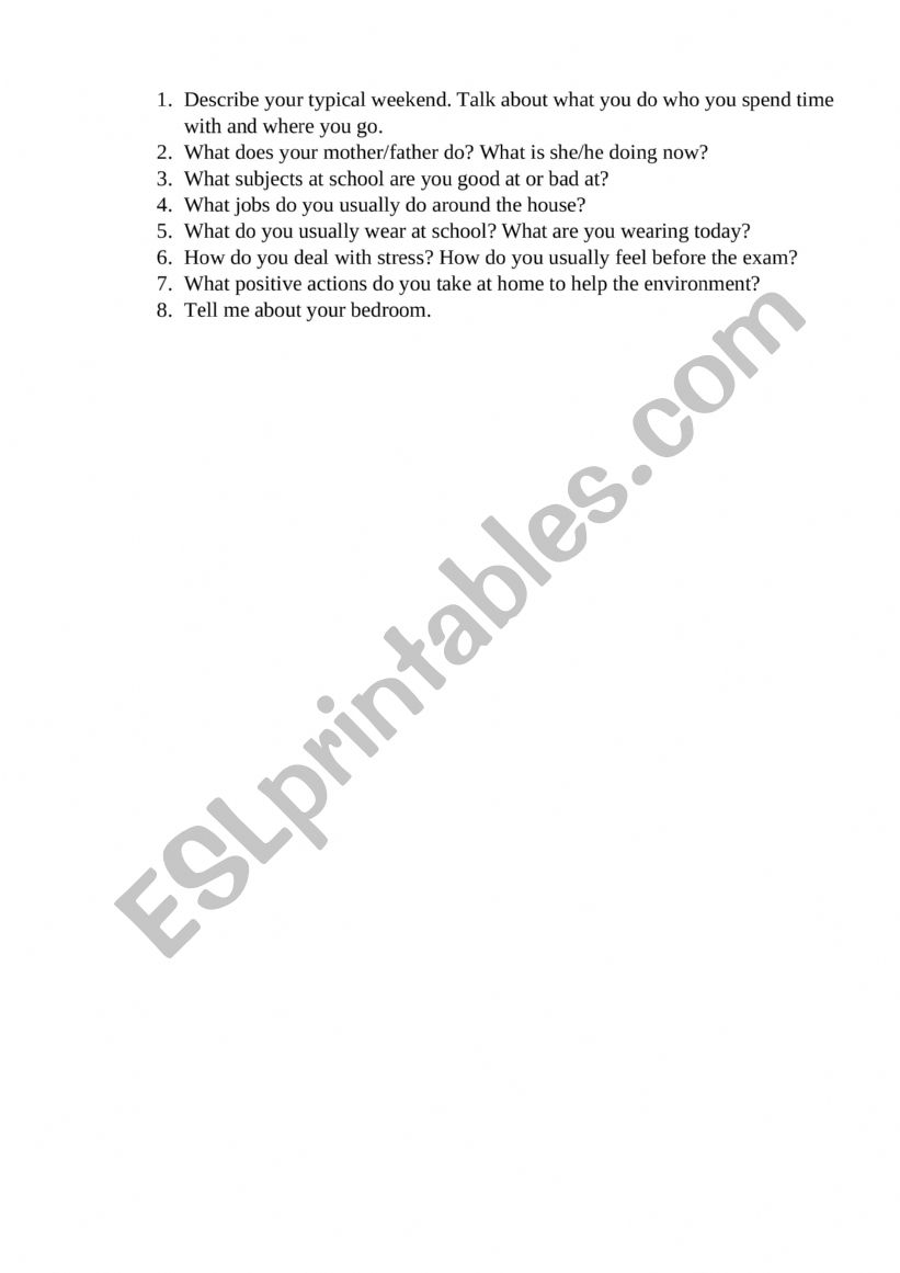 Gateway A2 Speaking Unit 1-2 worksheet