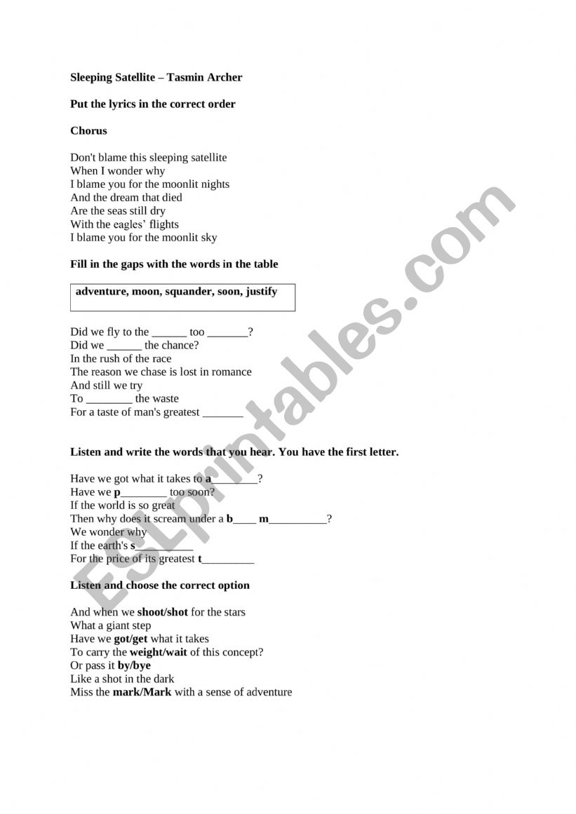 Tasmin Archer - Sleeping Satellite Song ESL Worksheet