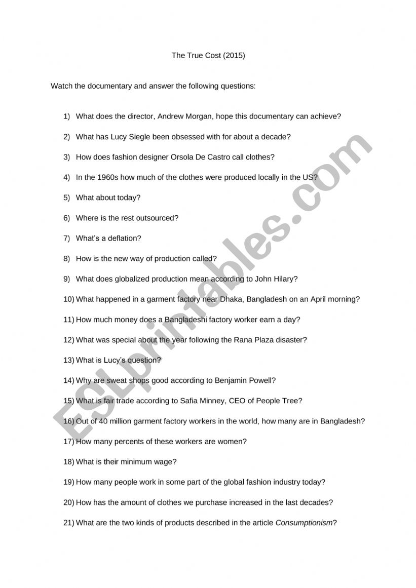 The True Cost - Questions while watching