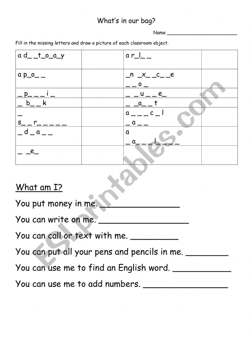 School supplies worksheet