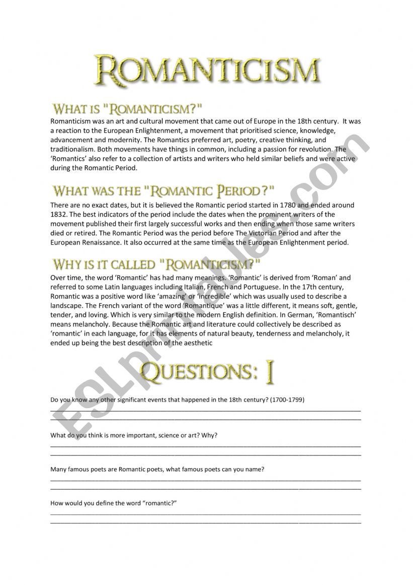 Romanticism Introductory Worksheet