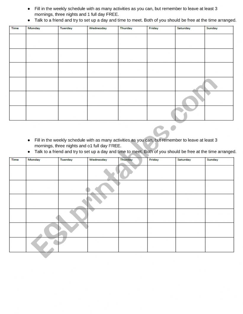 Weekly schedule worksheet