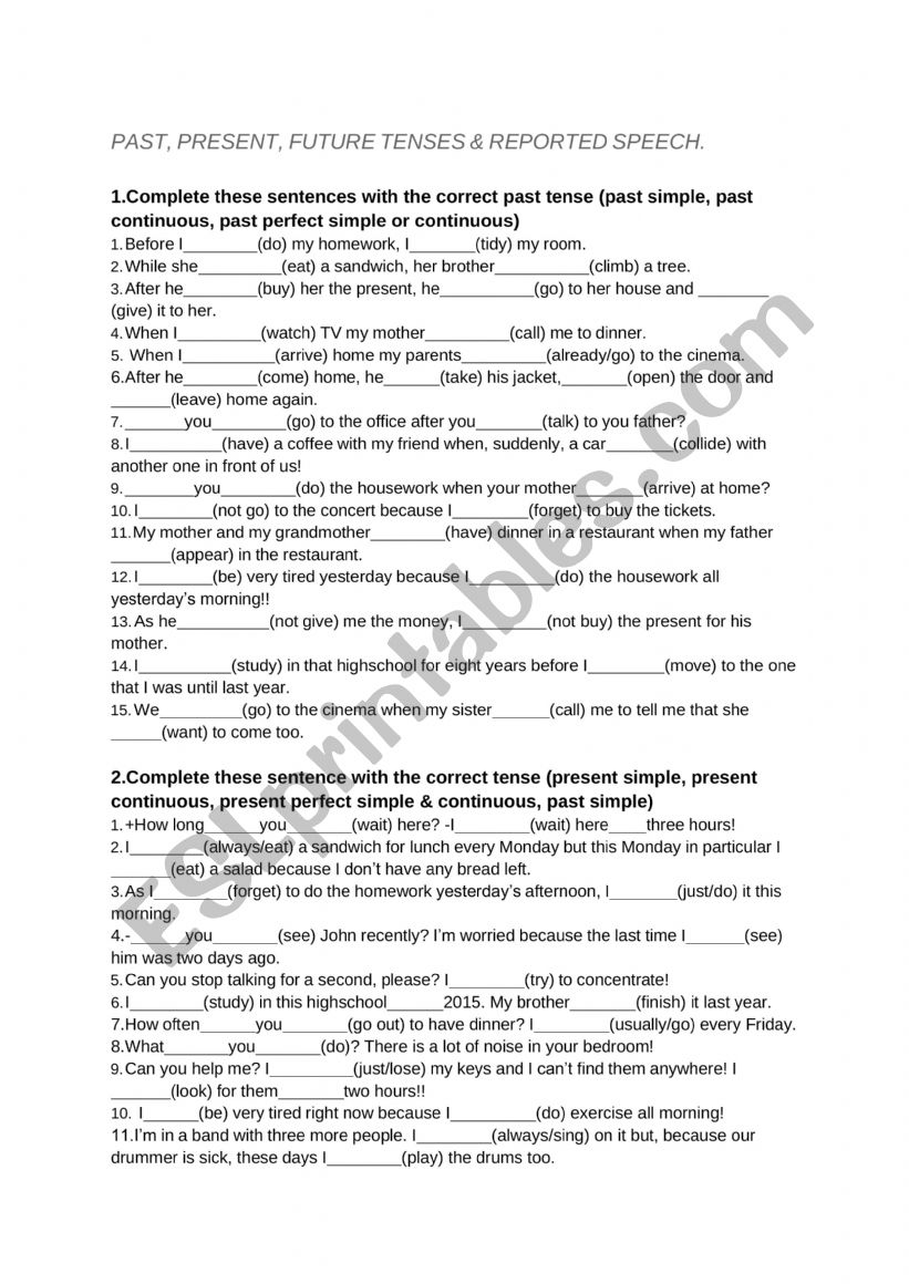 PAST, PRESENT, FUTURE TENSES & REPORTED SPEECH