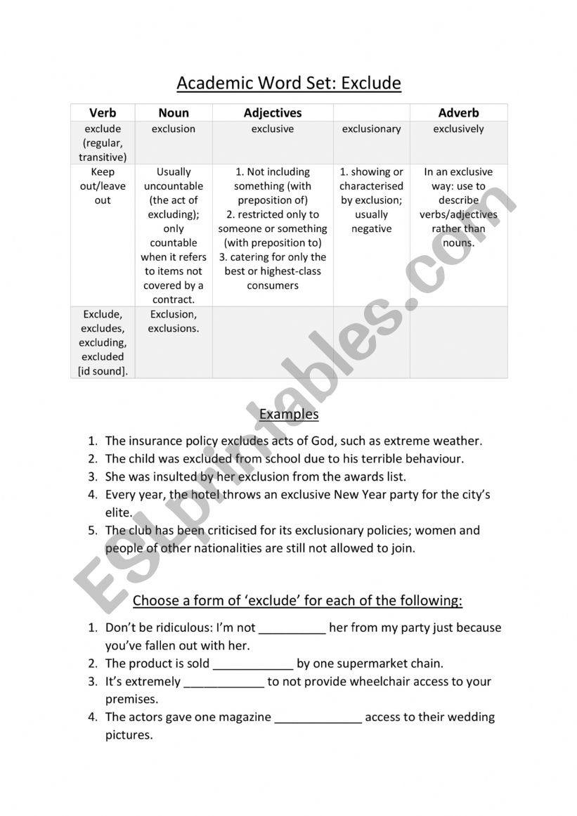 Academic Word Set Exercises - Exclude