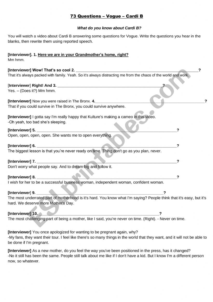 Cardi B - Reported Speech worksheet