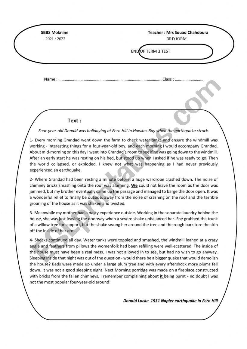 END OF TERM 3 TEST 3RD FORM worksheet