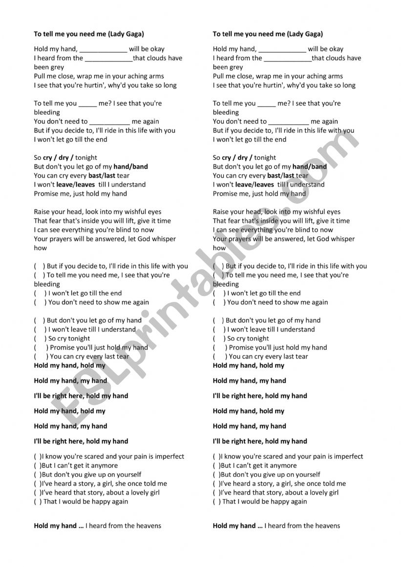 HOLD MY HAND BY LADY GAGA worksheet