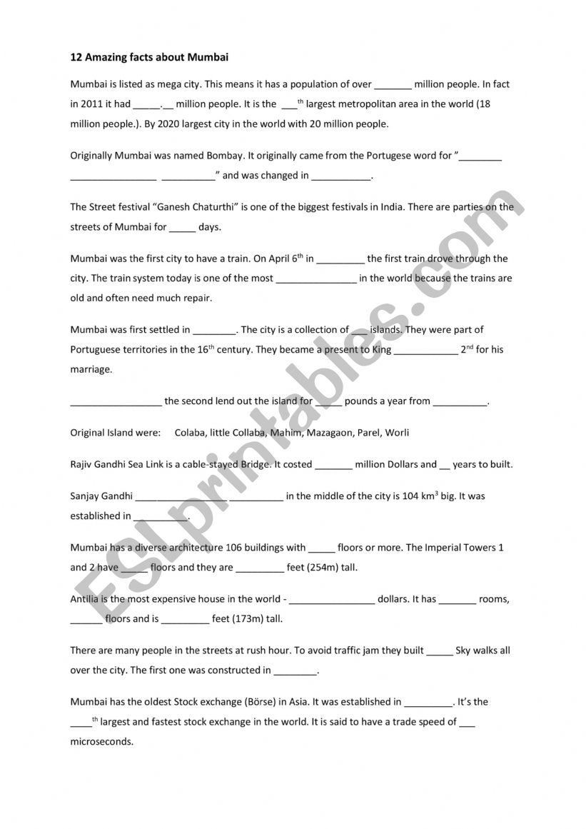 12 Amazing facts about Mumbai worksheet