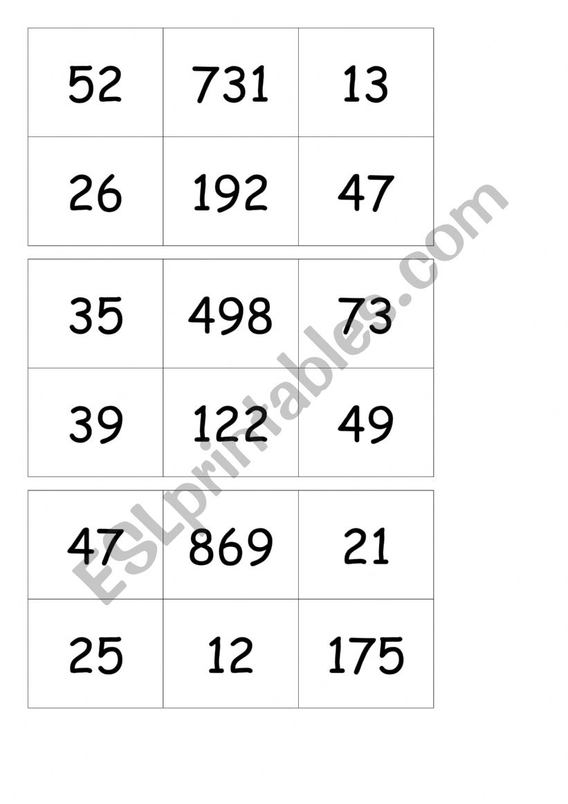 Bingo NUMBERS worksheet